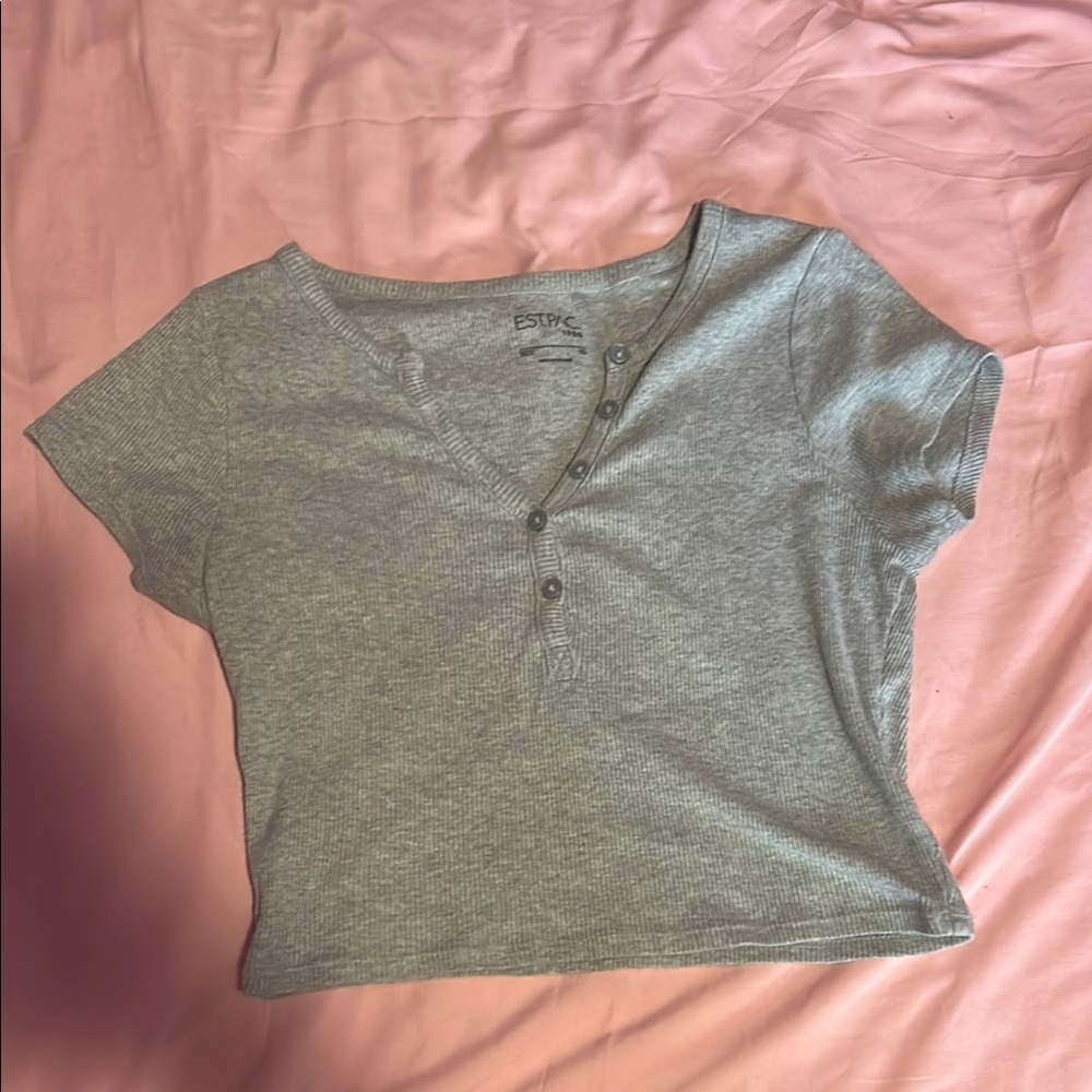 Gray Polo Crop T-Shirt with Short Sleeves